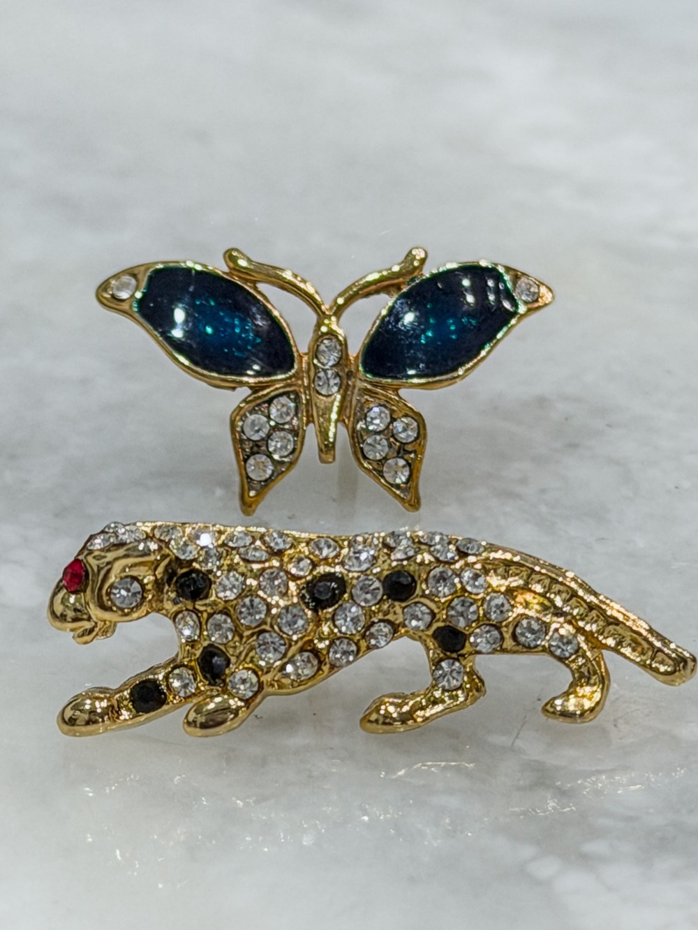 Leopard and Butterfly Rhinestone Pin Back Brooches Bundle
